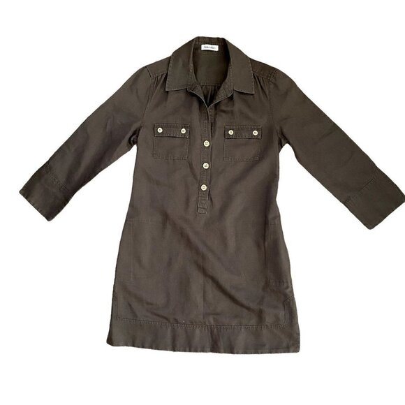 Calvin Klein Button Down Long Sleeve Dress | Brown - Picture 1 of 10